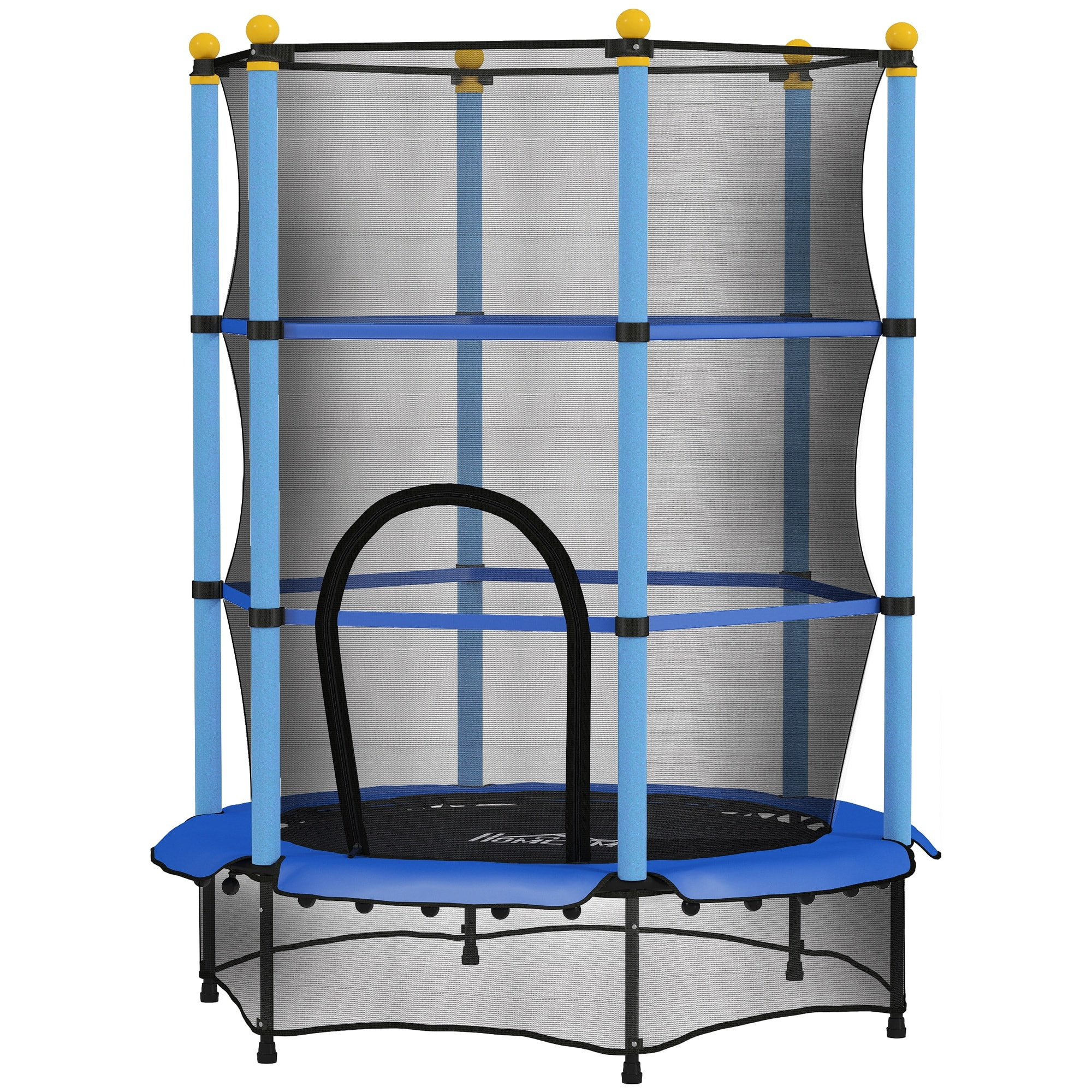Trampoline de jardin enfants Ø 1,40 x 1,90H m filet de sécurité porte zipée couvre-ressorts + 6 poteaux rembourrés inclus bleu