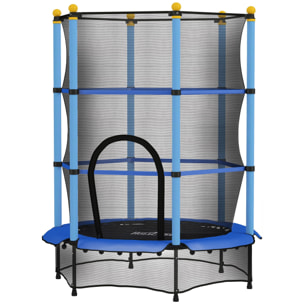 Trampoline de jardin enfants Ø 1,40 x 1,90H m filet de sécurité porte zipée couvre-ressorts + 6 poteaux rembourrés inclus bleu