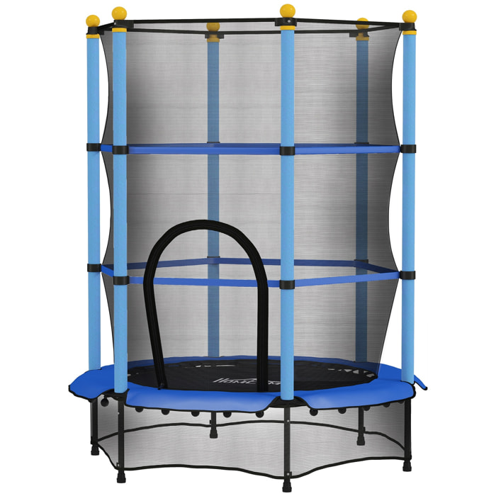 Trampoline de jardin enfants Ø 1,40 x 1,90H m filet de sécurité porte zipée couvre-ressorts + 6 poteaux rembourrés inclus bleu