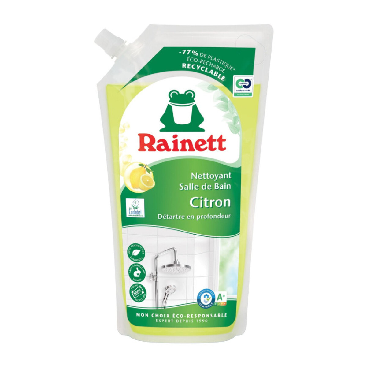 Pack de 8 - Rainett - Recharge Nettoyant Salle de Bain Anti-calcaire Ecologique Citron 1 L