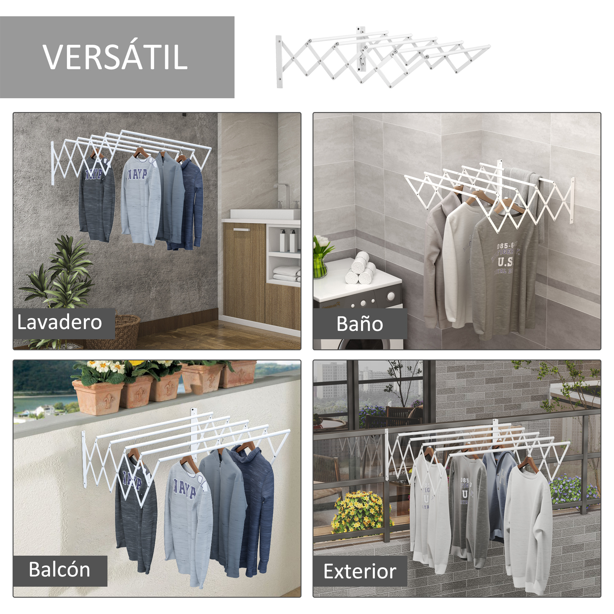 HOMCOM Tendedero de Pared Extensible de 63,5 cm Tendedero de Ropa de Metal con 5 Barras para Interior y Exterior Baño Balcón Carga 10 kg 63,5x60x20 cm Blanco