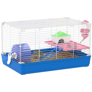 Jaula para Hámster, Casa para Roedores Pequeños con Rueda de Ejercicio, Cuenco, Bebedero, Casita, Rampas, Plataforma, Bandeja Extraíble, para Jerbos, 47x30x27 cm, Azul