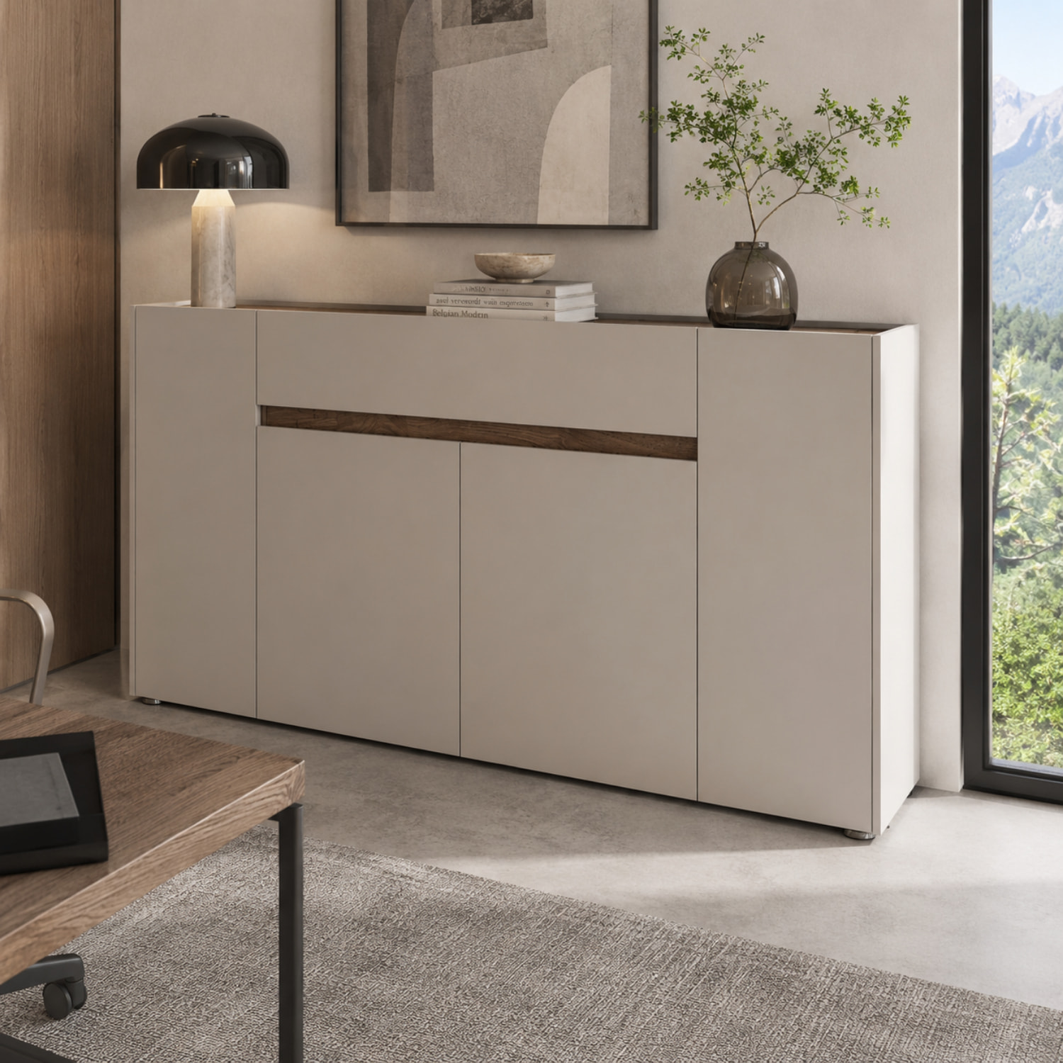 Credenza Moderna Madia In Melaminico Con 4 Ante E 1 Cassetto Mobile Contenitore Sala Pranzo Soggiorno Design Senza Maniglie 170x85x40 cm Noce Chiaro