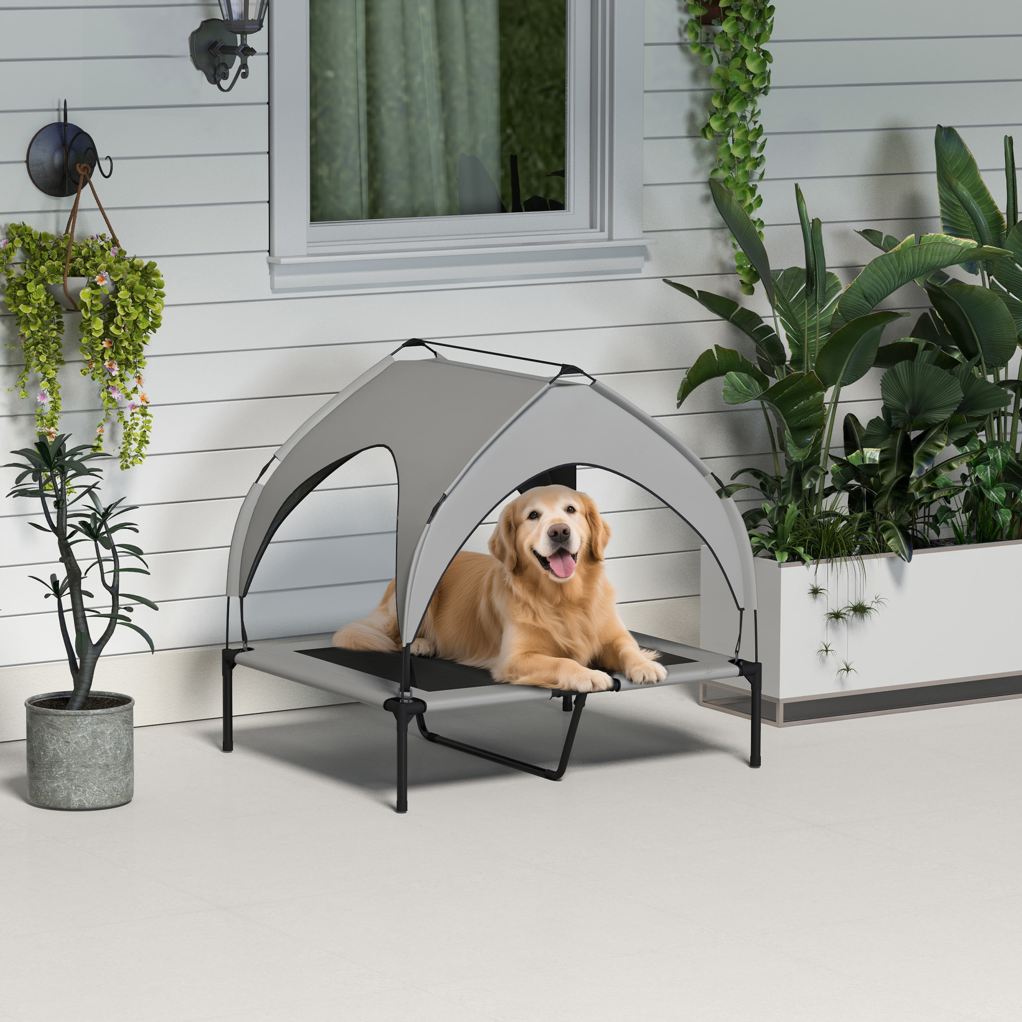 Lit chien surélevé - lit chien sur pieds - velum textilène micro-perforé sac transport gris
