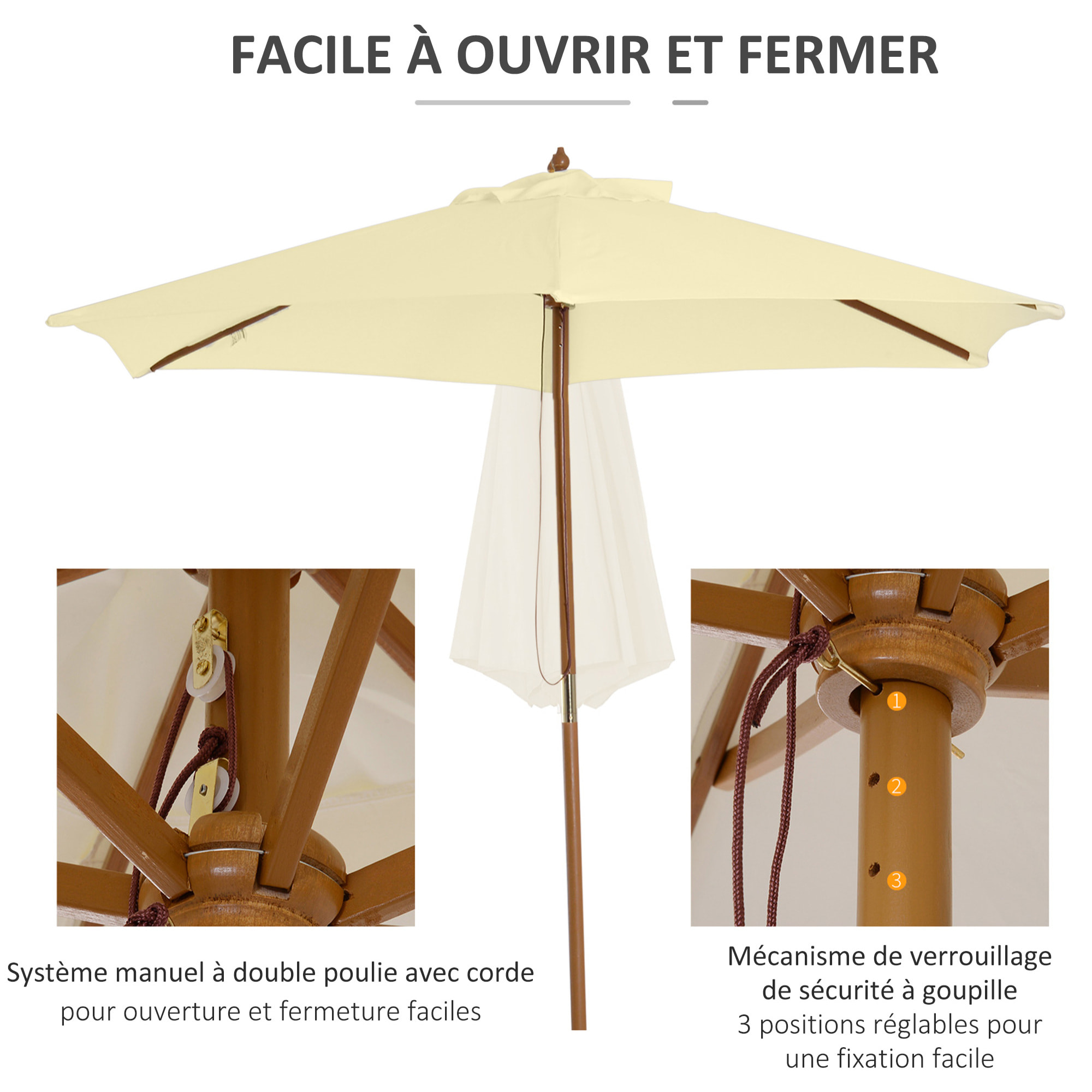 Outsunny Parasol droit hexagonal grande taille de jardin Ø 2,5 x 2,3H m bois de bambou crème