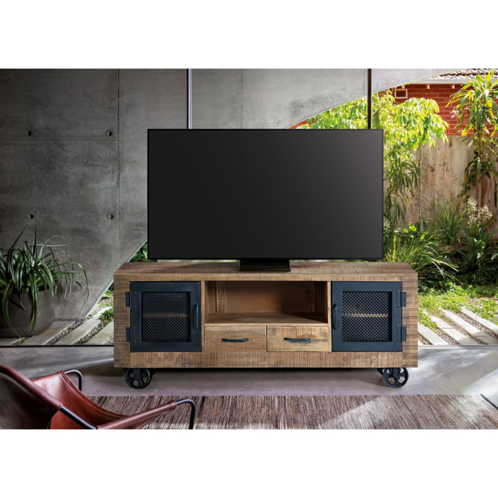 Mueble TV de Madera de Mango, Metal 150 Cm Estilo Industrial Moderno