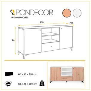 Aparador HANOVER - 2 puertas, 2 huecos y 1 cajón - roble y blanco polar - 160x40x76cm