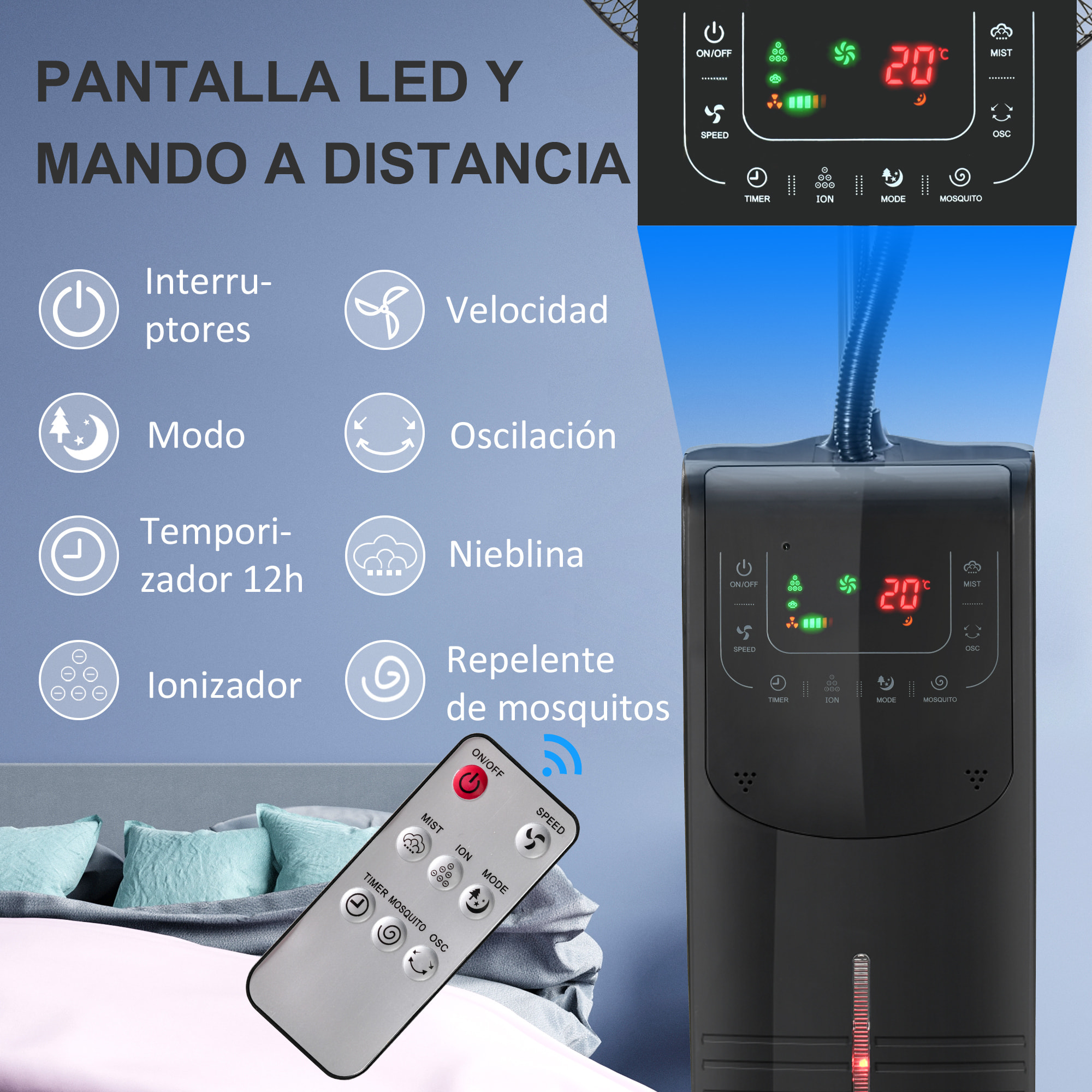 Ventilador de Pie Oscilante con Nebulizador 90W con Control Remoto 5 Aspas Tanque de Agua 3,1 L 3 Velocidades Temporizador y Ruedas 44,5x44,5x135 cm Negro