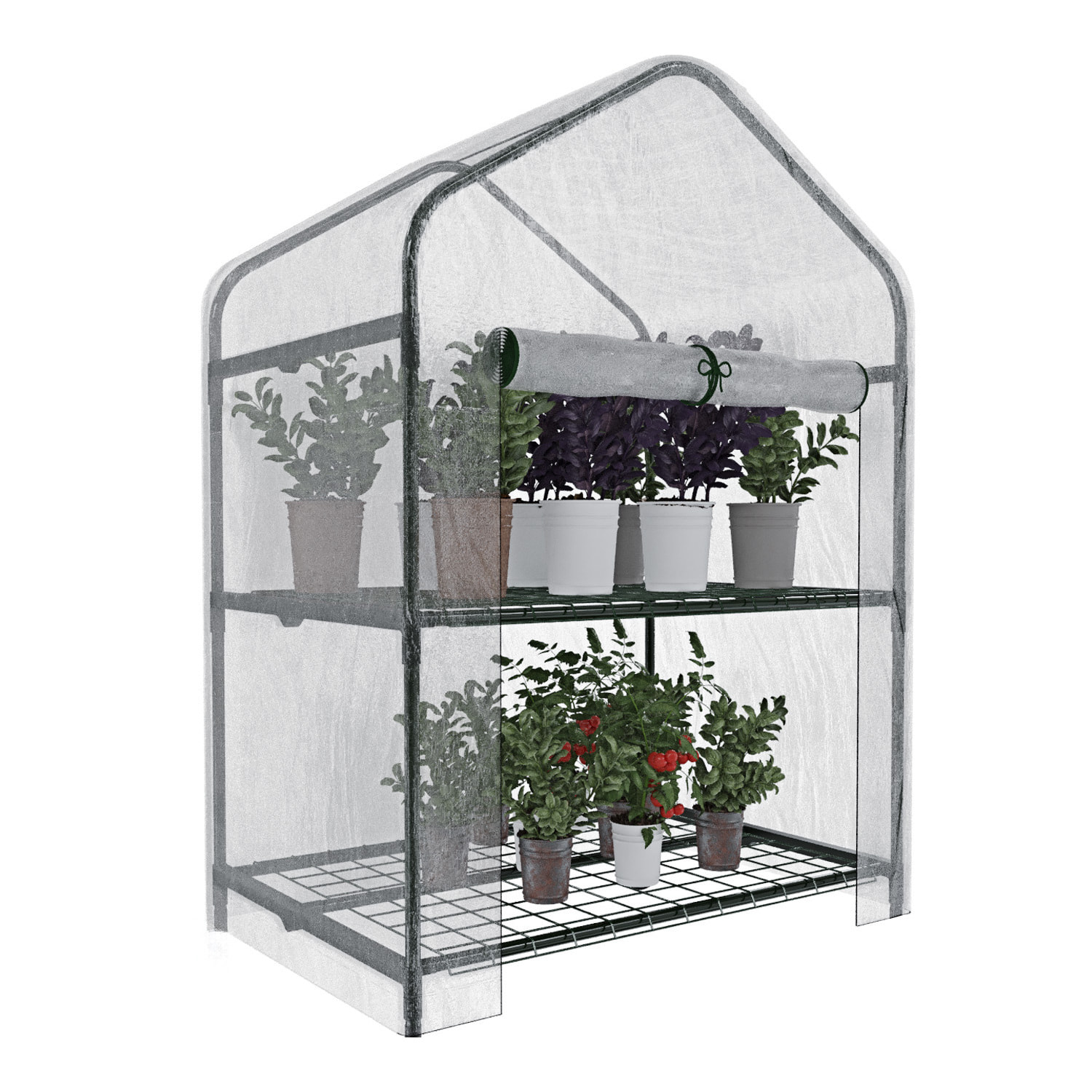 Serra A 2 Ripiani Da Giardino Per Orto Telaio In Acciaio Verniciato Telo PVC Trasparente Porta Avvolgibile Apertura A Cerniera Con ruote 69x49x125 Cm