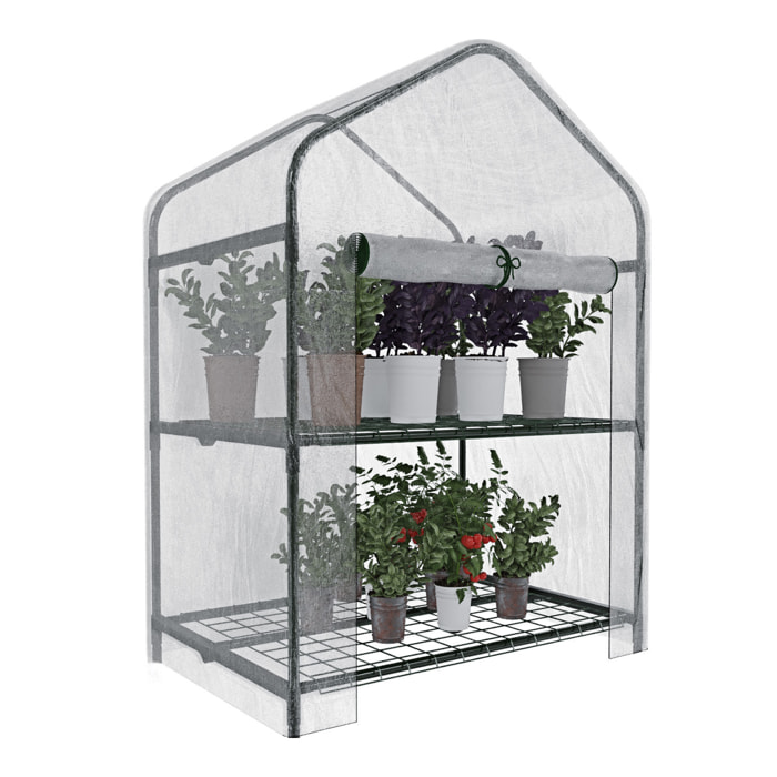 Serra A 2 Ripiani Da Giardino Per Orto Telaio In Acciaio Verniciato Telo PVC Trasparente Porta Avvolgibile Apertura A Cerniera Con ruote 69x49x125 Cm