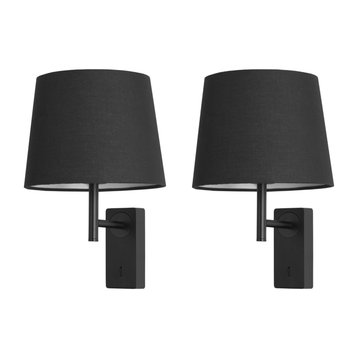 FORLIGHT Aura - 2 Apliques de Pared para Dormitorio E27 con Interruptor ON/OFF en la Base. Color Negro con Pantalla de Textil