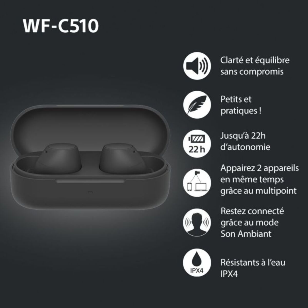 Ecouteurs SONY WF-C510 noirs - Bluetooth, sans fil, intra-auriculaires, autonomie 22h, résistance pluie et sueur