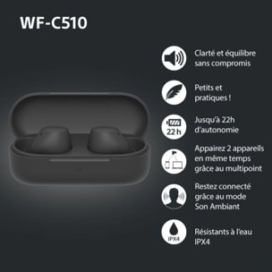 Ecouteurs SONY WF-C510 noirs - Bluetooth, sans fil, intra-auriculaires, autonomie 22h, résistance pluie et sueur