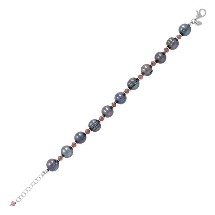 Bracciale in Argento 925 con Quarzo Rosso e Perle d'Acqua Dolce Grigie Ø 10/11 mm