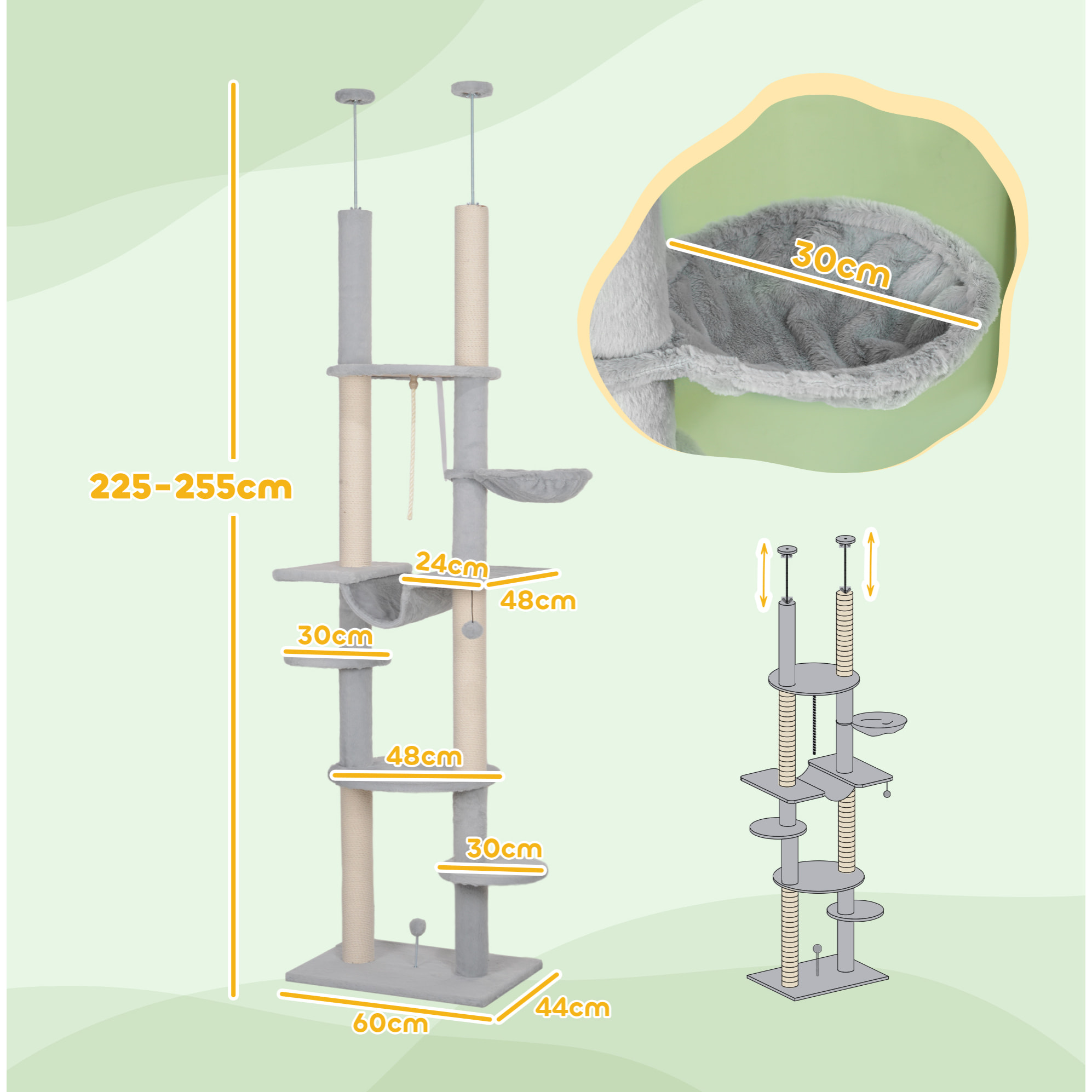 Árbol para Gatos de Suelo a Techo 225-255 cm Árbol Rascador para Gatos de 7 Niveles Torre para Gatos con Hamacas Plataformas Juguete de Cuerda Bola de Juguete Gris