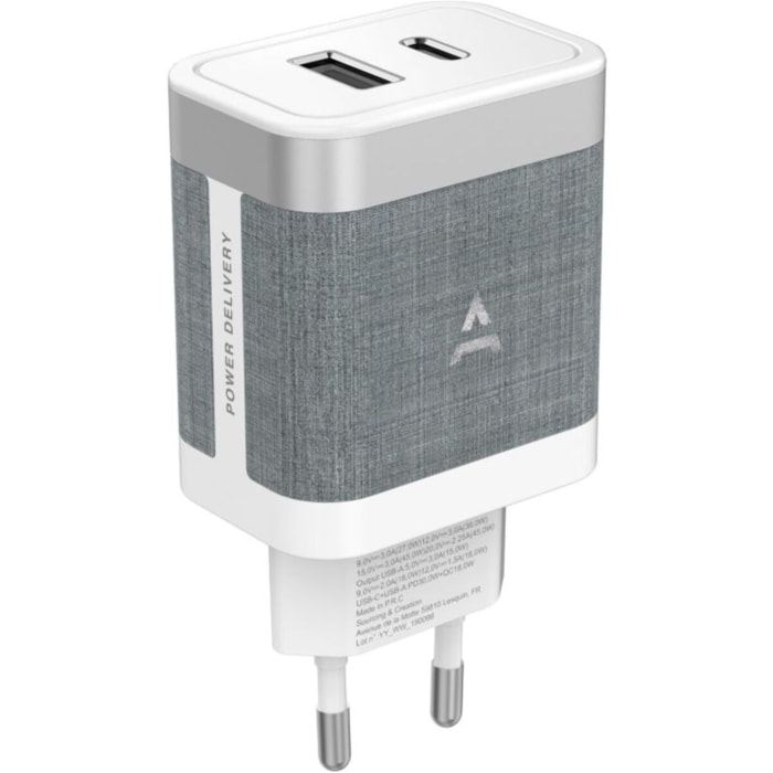 Chargeur ADEQWAT 45W charge rapide USB + USB-C Blanc