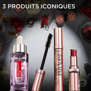 L’Oréal Paris Sérum Filler Anti-Rides Acide Hyaluronique + Mascara Noir Huile de Ricin Lash Paradise + Baume à Lèvres Hydratant