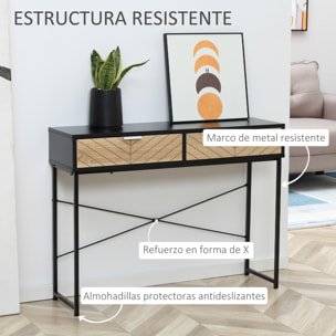 Mesa de Consola Estrecha Mueble Recibidor Mesa de Sofá con 2 Cajones Diseño de Líneas Talladas Estilo Moderna para Pasillo Entrada Salón Dormitorio 100x30x75 cm Negro y Roble