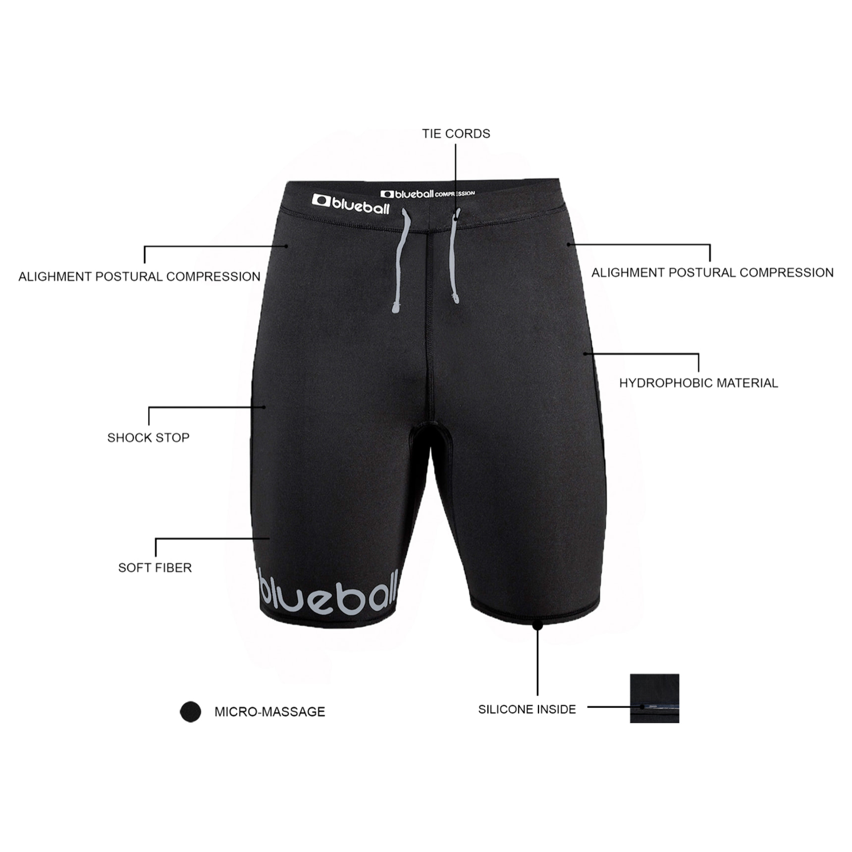 PANTALÓN CORTO DE COMPRESIÓN RUNNING CON CORDONES PARA HOMBRE BLUEBALL EN NEGRO.