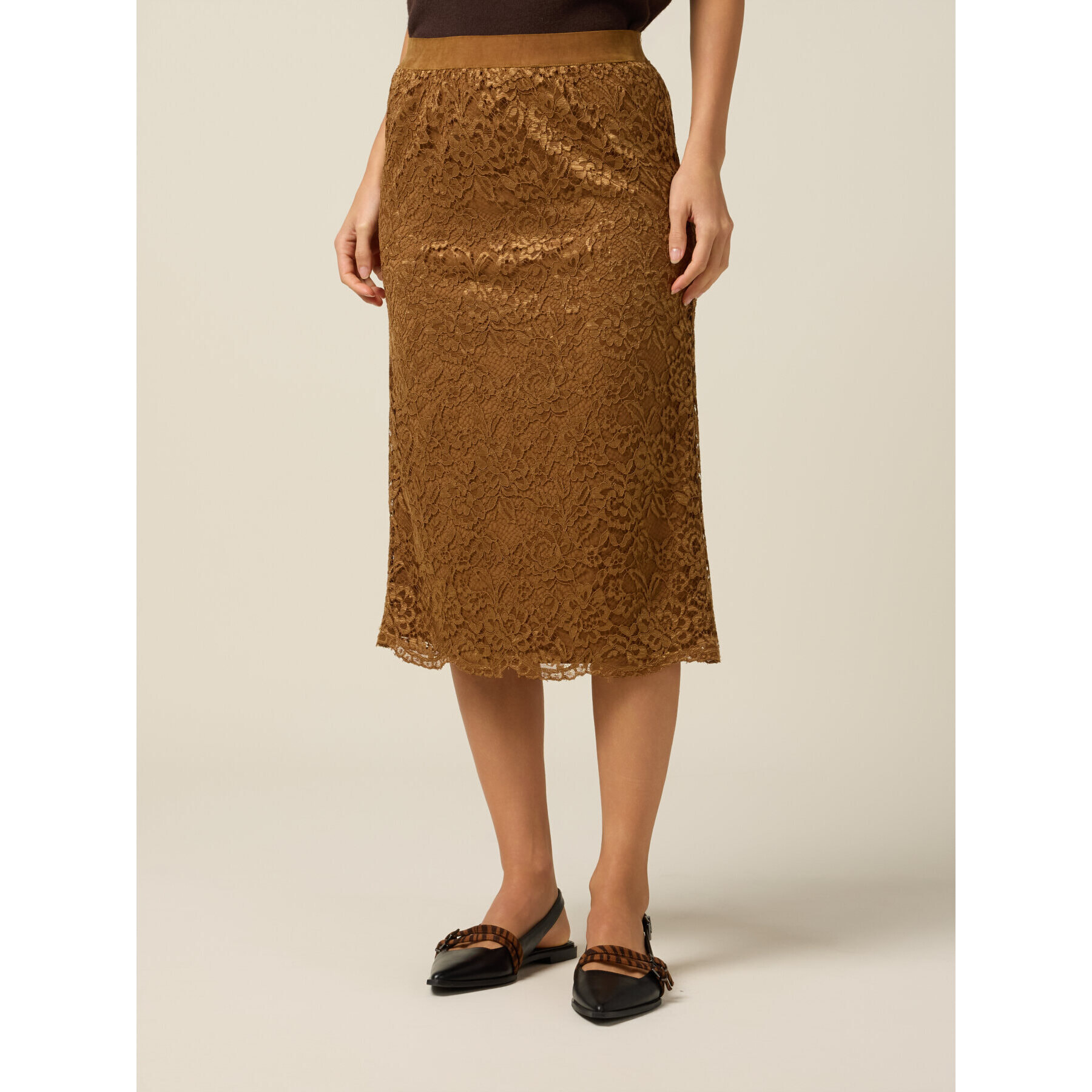 Oltre - Gonna tubino midi in pizzo - Marrone