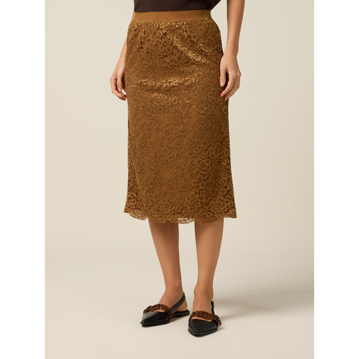Oltre - Gonna tubino midi in pizzo - Marrone