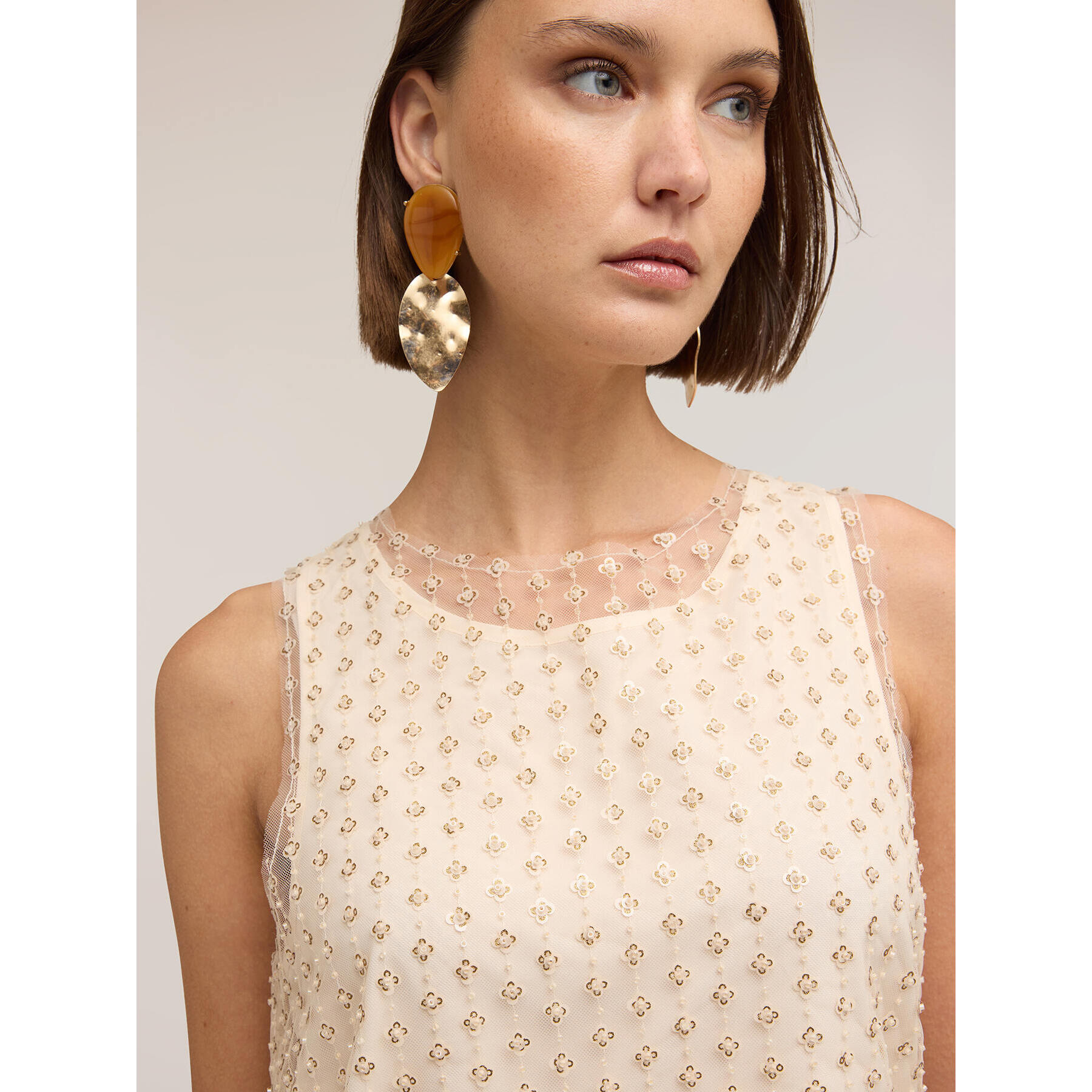 Motivi - Top de tul bordado - Beige