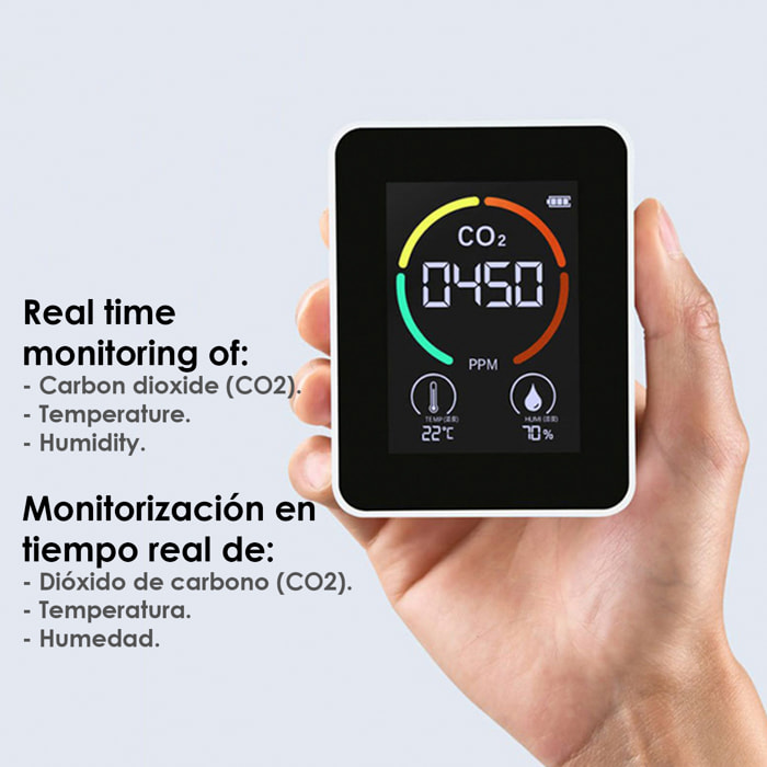 Monitor della qualità dell'aria interna. Rilevazione CO2, con allarme acustico e visivo. Termometro, TVOC e igrometro.