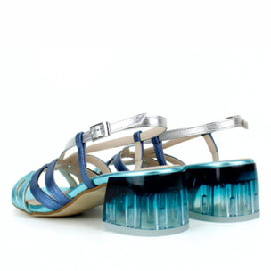 Sandalia tiras en tonos azules. Tacón 4 cm