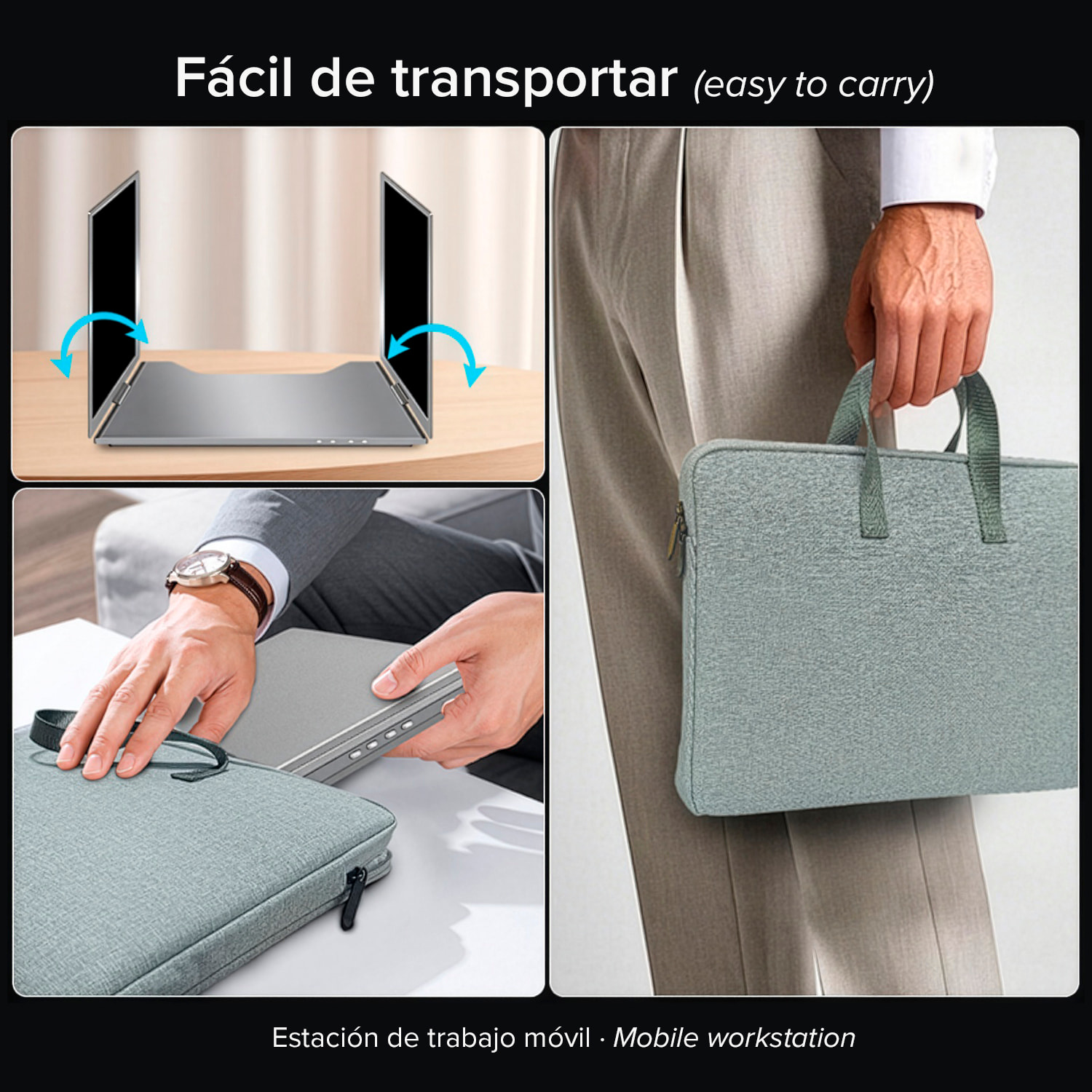 Monitor portátil dual S800 de 15.6” con doble pantalla IPS 1920x1080 16:9. Compatible con laptops Windows y MacOS. Incluye bolsa de transporte.