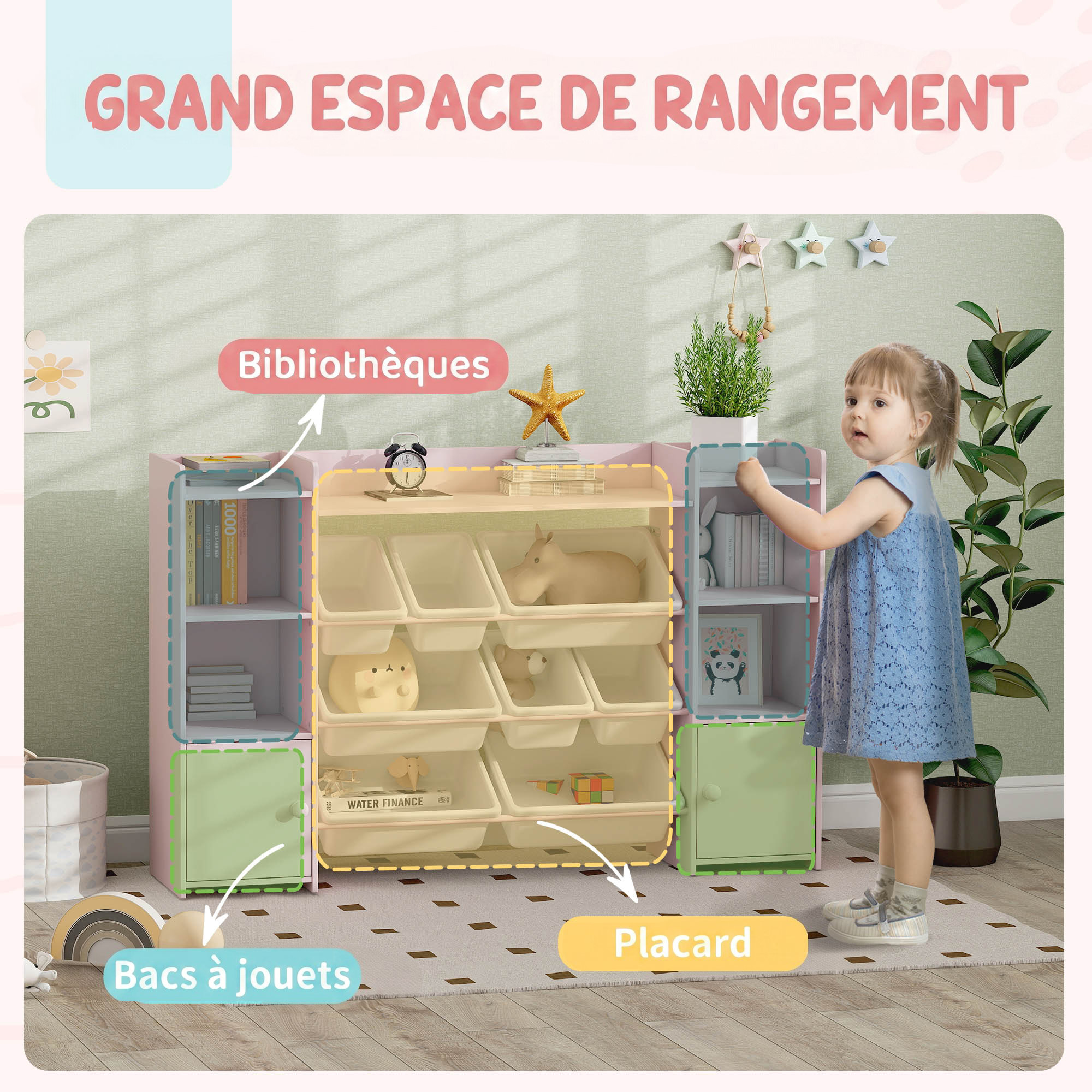 Bibliothèque enfant - rangement à bacs posés x 8 - 4 niches, 3 étagères, 2 portes - rose