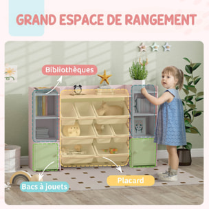 Bibliothèque enfant - rangement à bacs posés x 8 - 4 niches, 3 étagères, 2 portes - rose