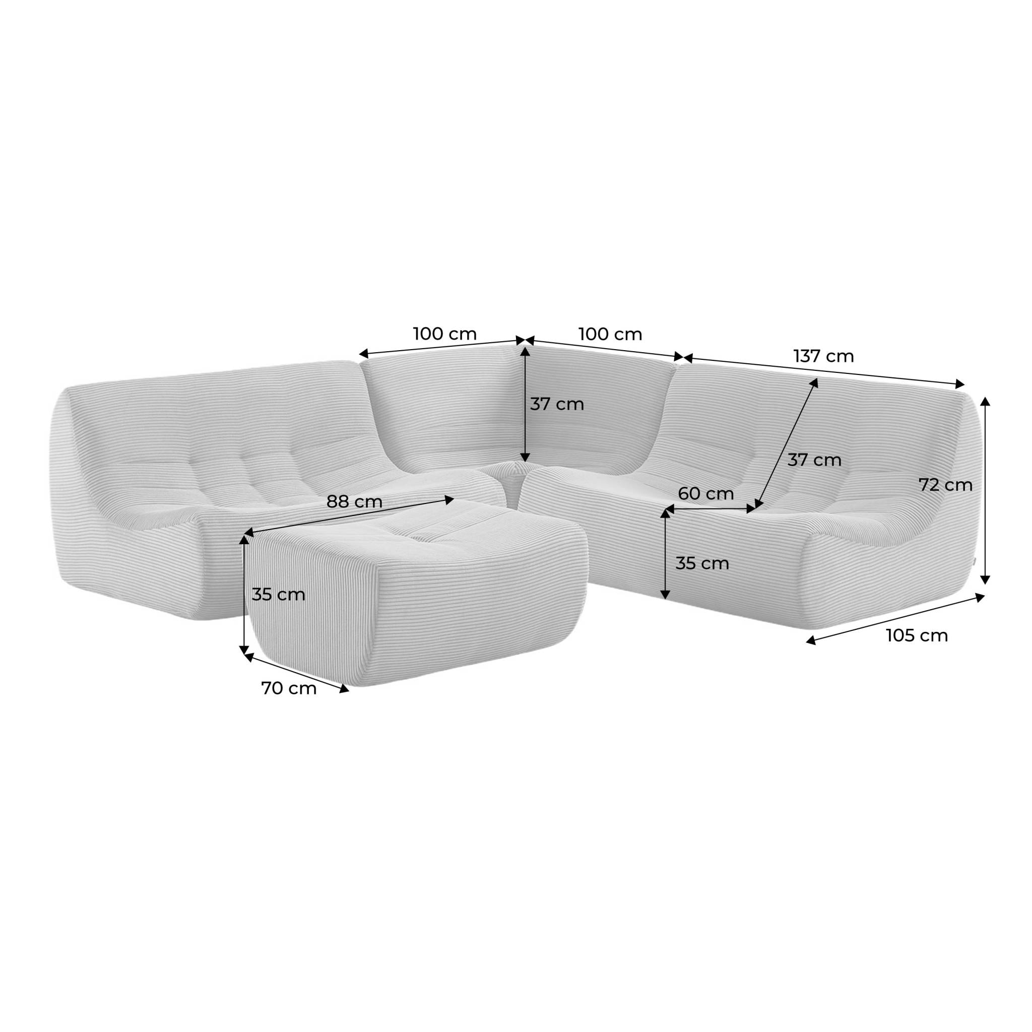 Canapé d'angle compressé modulable 5 places avec repose pied velours côtelé SOKOL