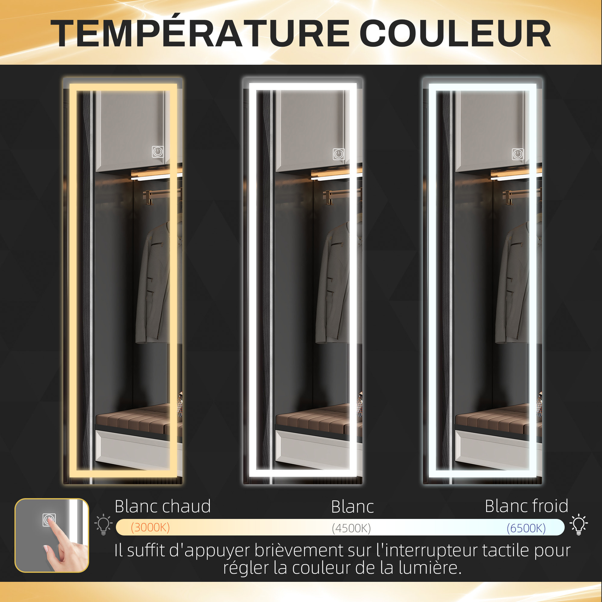 Miroir mural plein pied rectangulaire avec LED réglable, interrupteur tactile, verre épais 4mm, 40 x 120 cm - pour chambre, salon, salle de bain