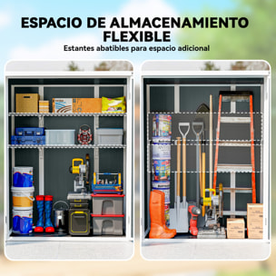 Caseta de Jardín Exterior, 0,81 m², 134x68,5x170 cm, Cobertizo de Jardín Exterior de Plástico con Suelo, 2 Estantes Plegables, Puertas Dobles con Pestillo para Almacenaje Herramientas, Gris