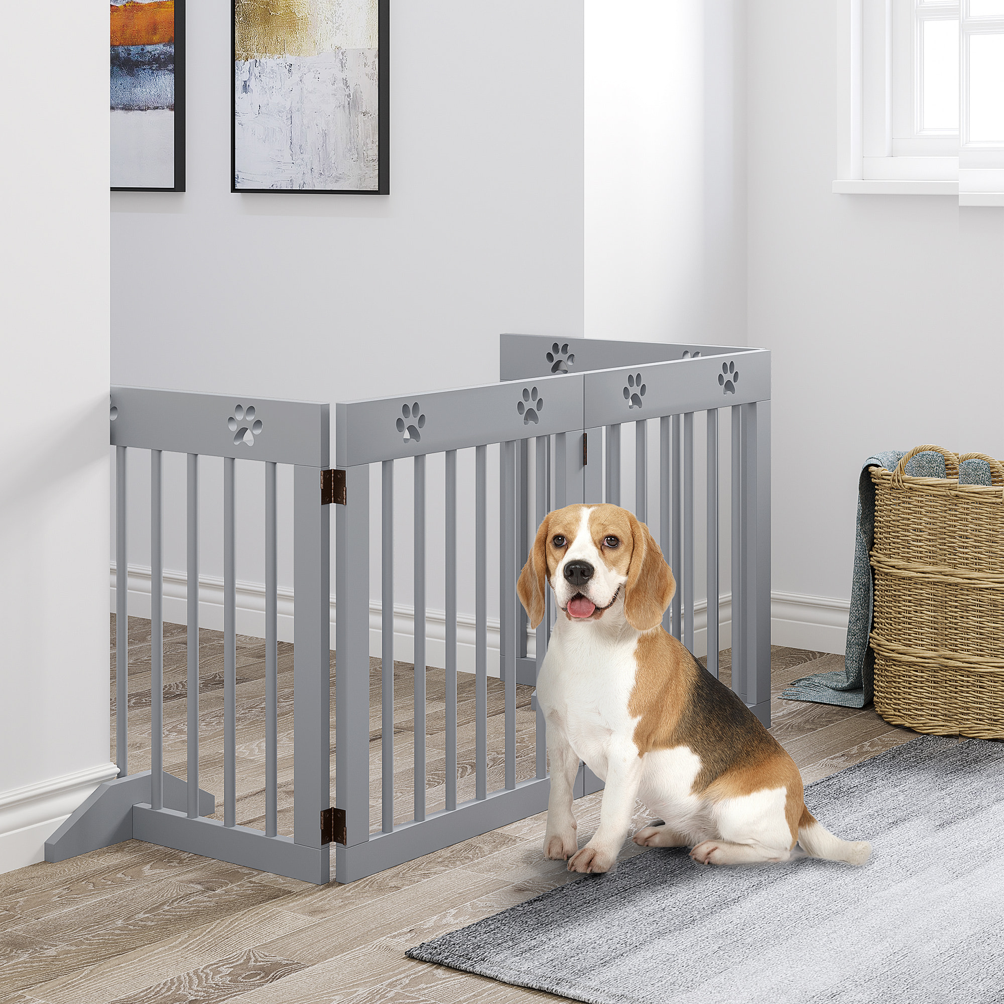 Barrera para Perros Plegable de 4 Paneles Barrera de Seguridad para Perros con Estructura de Madera y Patas de Apoyo para Pasillo Escalera 204x30x61 cm Gris Claro