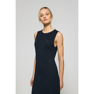 Vestito lungo blu marino a coste con monogramma ricamato