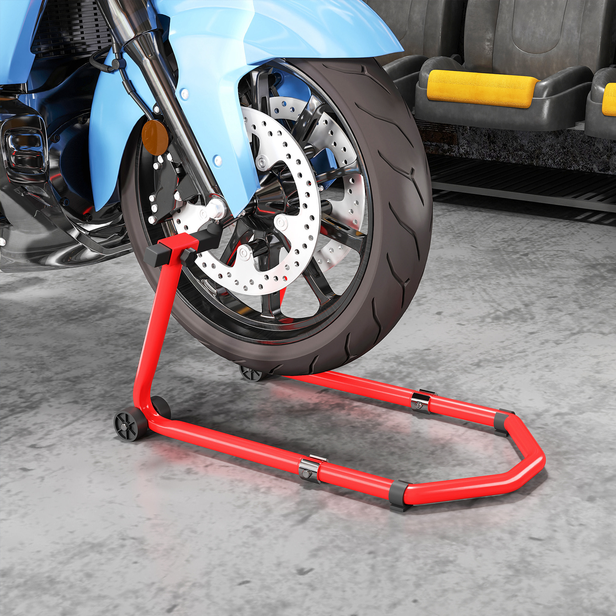 Caballete Moto Elevador Universal Carga 390 kg Soporte Rueda Delantera y Trasera Motocicleta Convertible con Adaptadores de Horquillas en U y L Ajustables y Ruedas para Reparación Mantenimiento