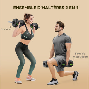Haltères 2 en 1 réglables - haltères libres 30 Kg - barres incluses - entraînement musculaire & haltérophilie - noir vert