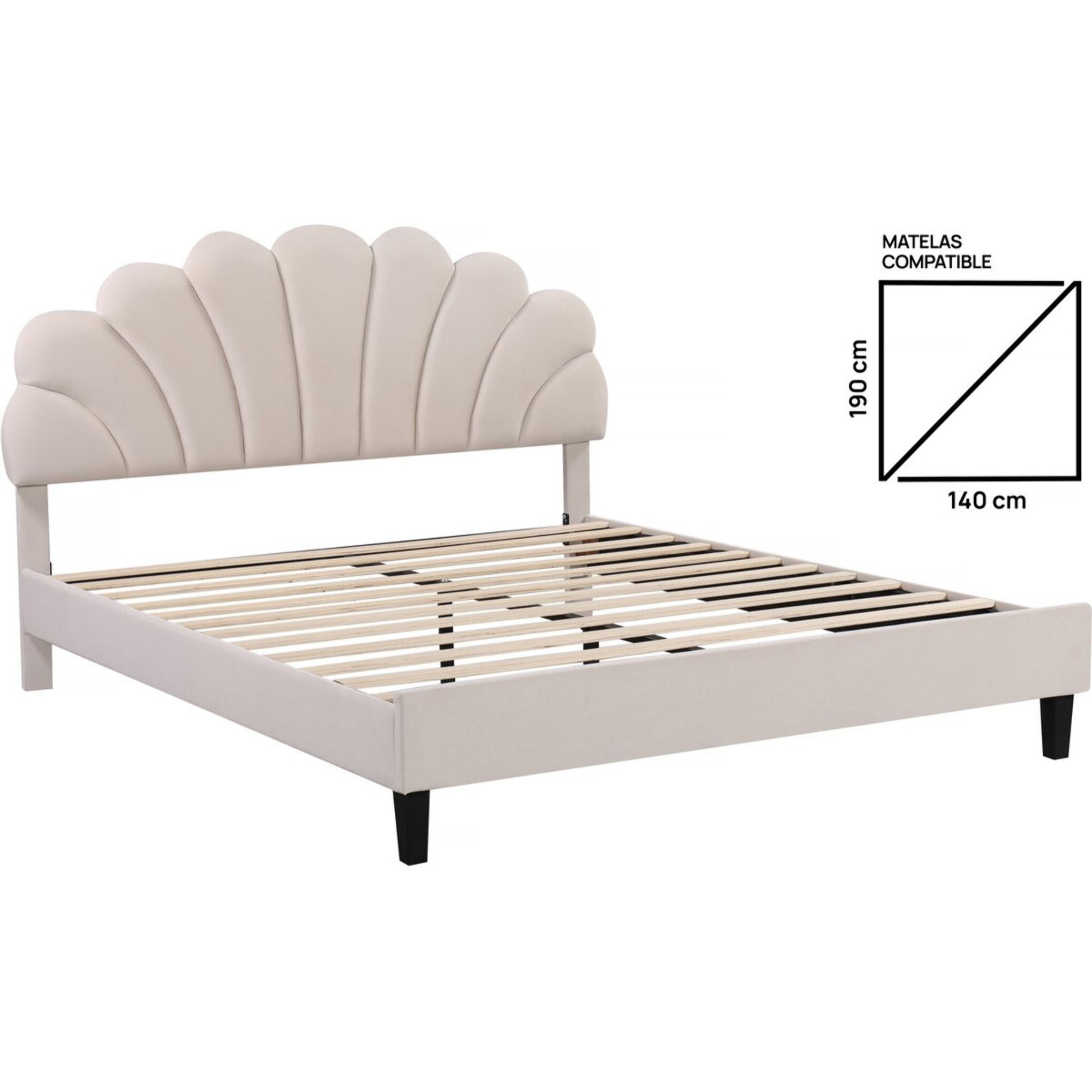 Lit coquillage en velours "Manon" - Beige - 140 x 190 cm