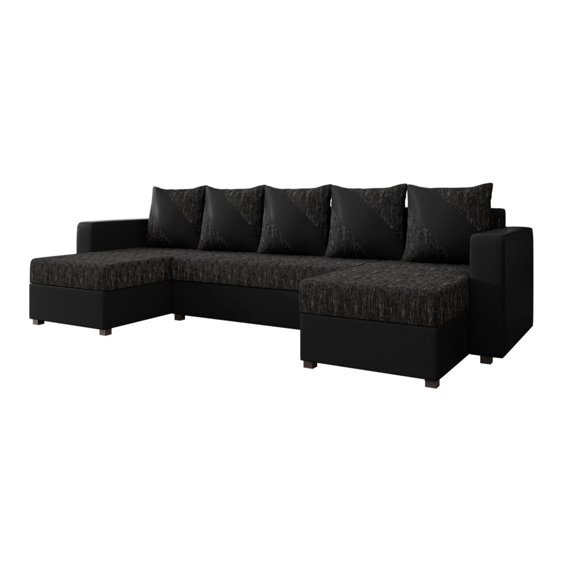 Romy - canapé panoramique en U - 7 places - convertible avec coffre - en tissu et PU - Noir / Gris