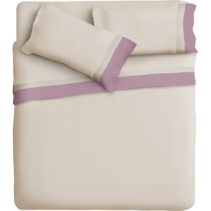Completo letto doppia balza RASO IPERSAN Puro Cotone Malva/Panna fondo Panna