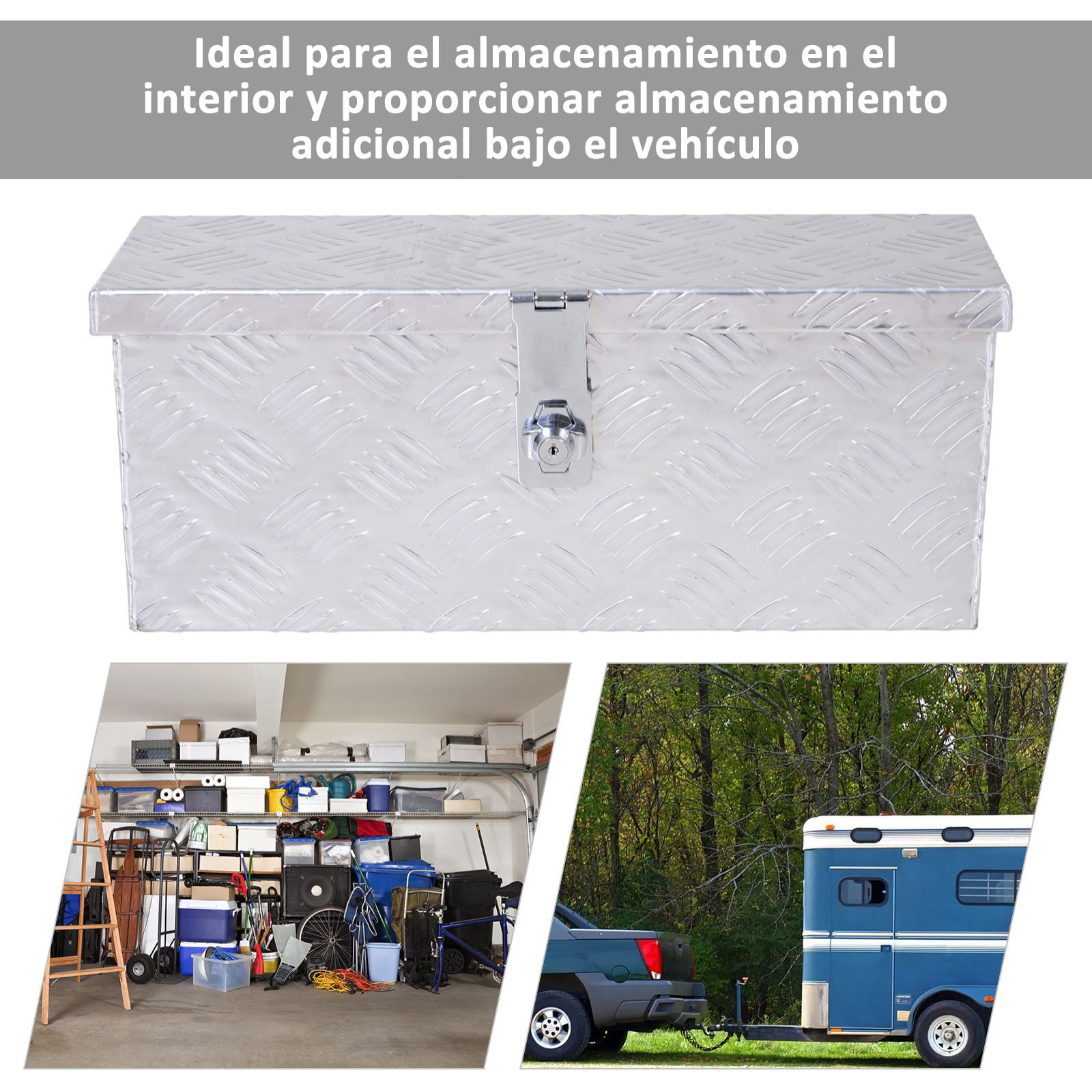 Caja de Herramientas de Aluminio con Tapa Abatible Asas Retráctiles Laterales Gran Compartimento y Cierre con Llave Maletín de Herramientas Portátil para Almacén Maletero 76x33x25 cm Plata