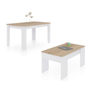 Pack mesa de comedor 140 y mesa de centro Vita Blanco Artik (Blanco Mate) - Roble Canadian