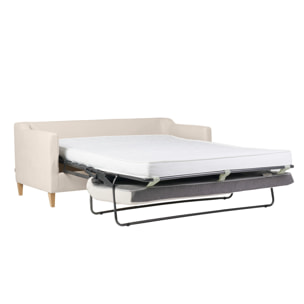 Canapé convertible scandinave 3 places en tissu effet velours beige et bois clair LOUISE