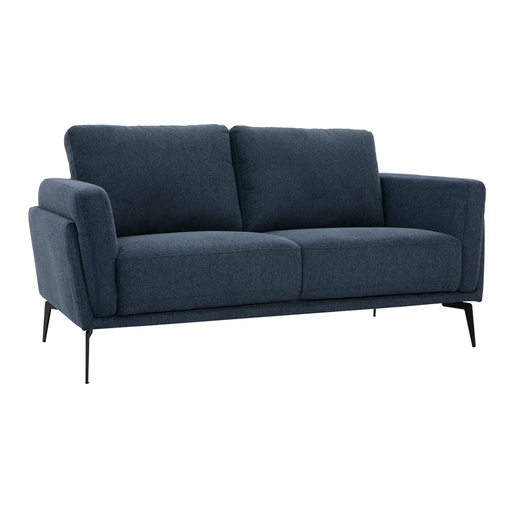 Canapé design 2 places en tissu effet velours texturé bleu foncé et métal noir MOSCO