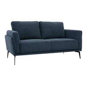Canapé design 2 places en tissu effet velours texturé bleu foncé et métal noir MOSCO