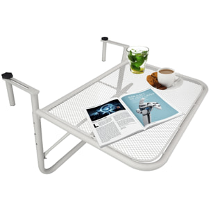 Mesa Colgante de Balcón con Brazo Regulable y Altura Ajustable en 3 Posiciones Marco Metálico Carga Máx. 30 kg 60x56x50 cm Blanco