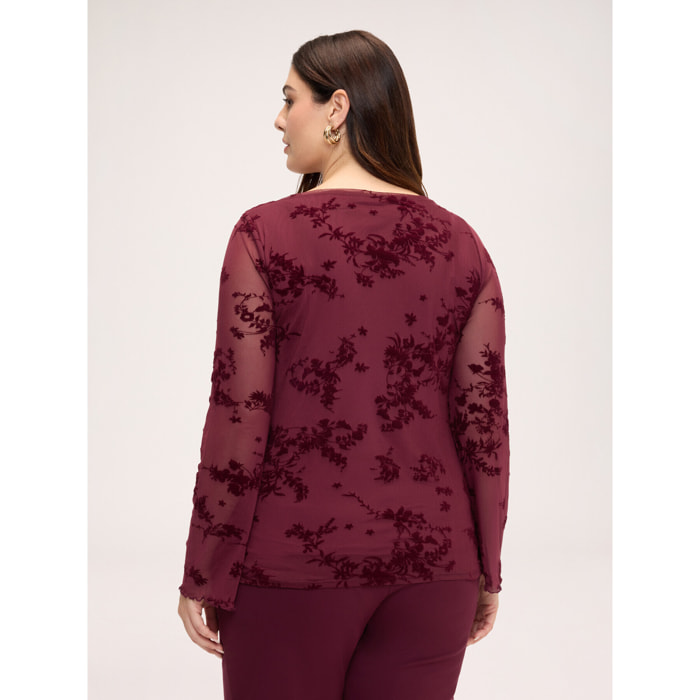 Fiorella Rubino - T-shirt in tulle con ricamo flock - Bordeaux