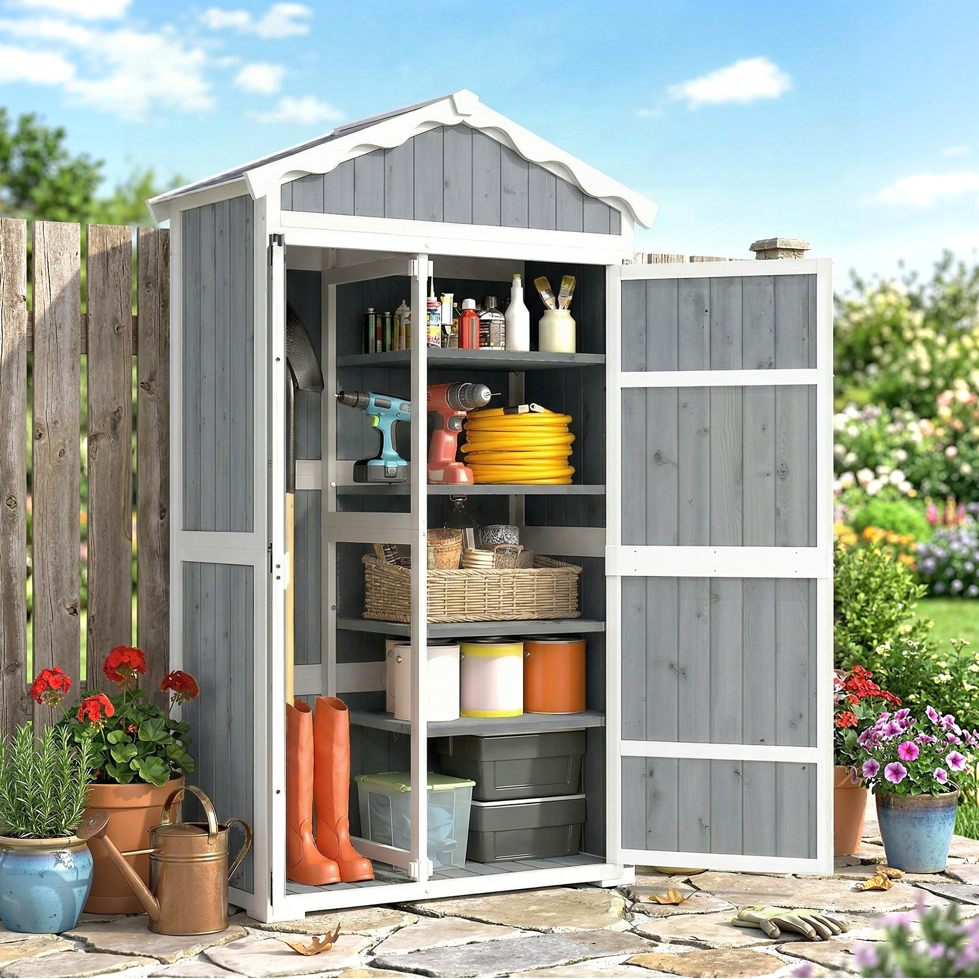 Caseta de Jardín de Madera 105x55x179 cm Cobertizo Jardín Exterior Impermeable Armario Exterior Herramientas con Puertas 4 Estantes Extraíbles Techo Metal Galvanizado Pies Ajustables Gris