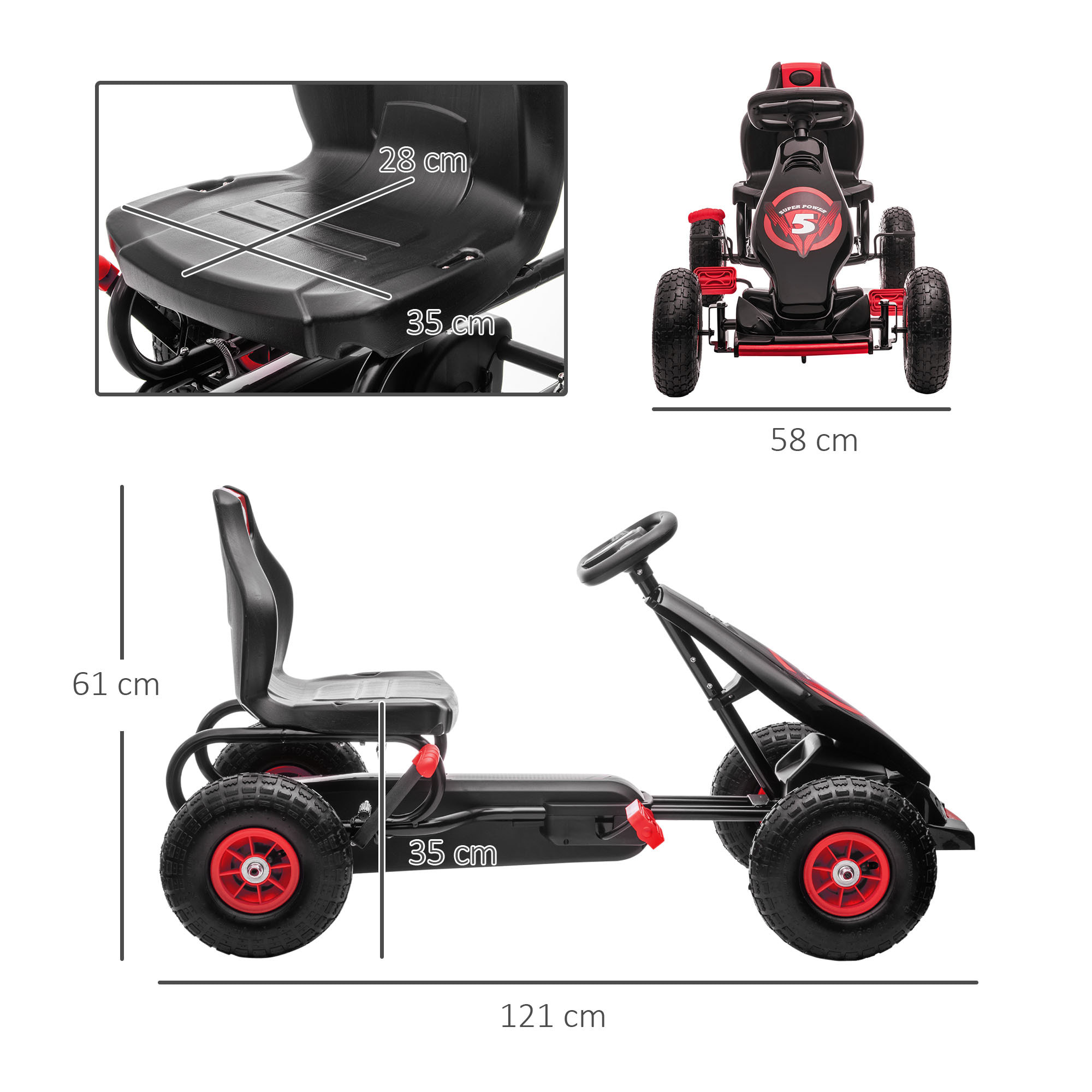 Go Kart a Pedales para Niños de 5-12 Años Coche de Pedales Infantil con Asiento Ajustable Neumáticos Inflables Amortiguador y Freno de Mano Carga 50 kg 121x58x61 cm Rojo